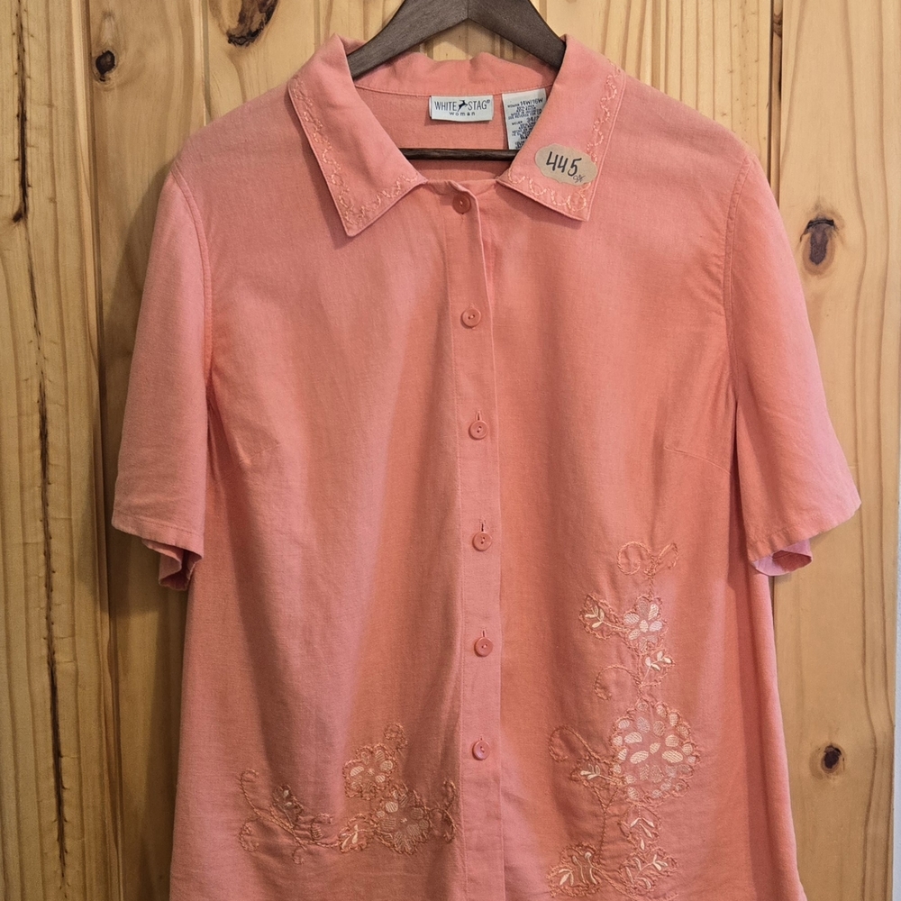 White‎ Stag Woman Coral Linen Rayon Floral Blouse 14W 16W WS355131